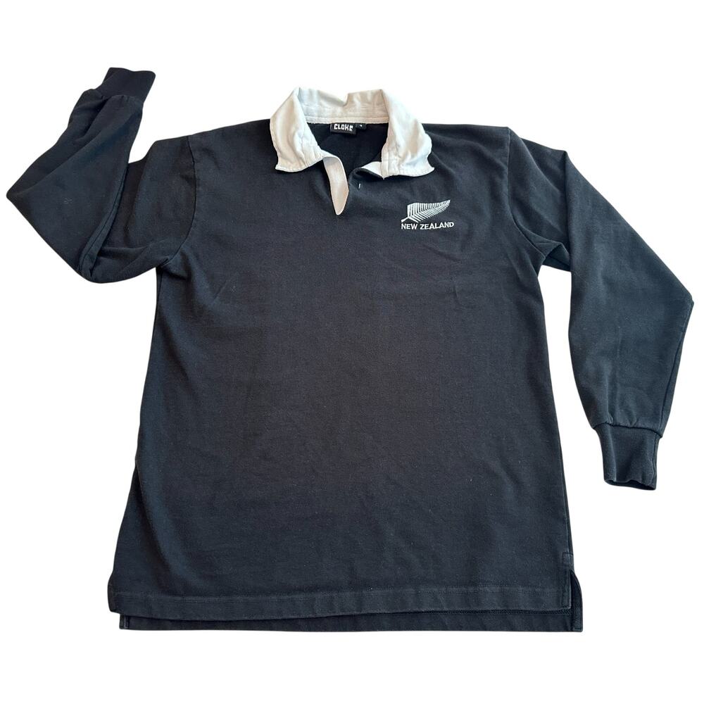 Cloke New Zealand Rugby Jersey Mens M Black Long Sleeve White Collar Kiwi